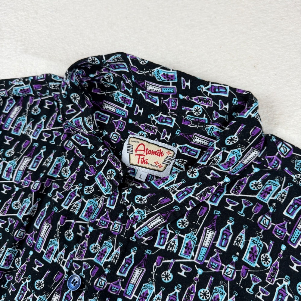 Atomik Tiki by Santiki Mens Large Rayon Aloha Shirt Mid Century Cocktail Print